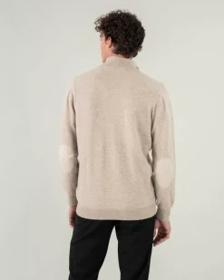 Kujten Sweaters & Sweatshirts>Plain Turtleneck Cashmere Man Sweater With Elbow Patches Beige Chine