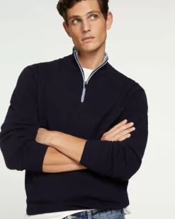 Kujten Sweaters & Sweatshirts>Plain Turtleneck Cashmere Man Sweater With Elbow Patches Bleu Marine Fonce