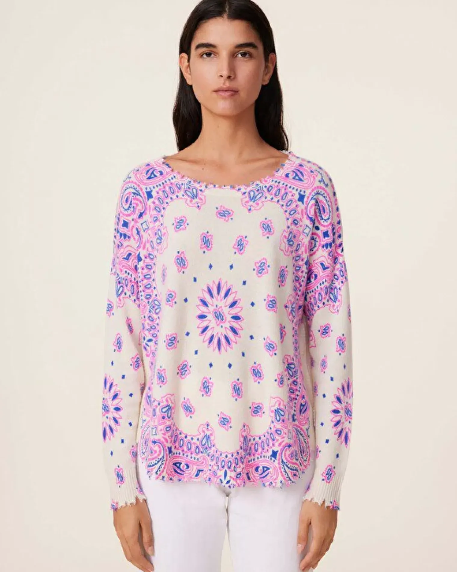 Kujten Sweaters & Sweatshirts>Printed Round Neck Cashmere Sweater, 2-Threads Deep Kabalos