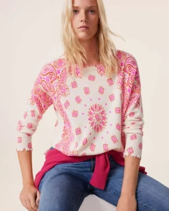 Kujten Sweaters & Sweatshirts>Printed Round Neck Cashmere Sweater, 2-Threads Orange Rosso