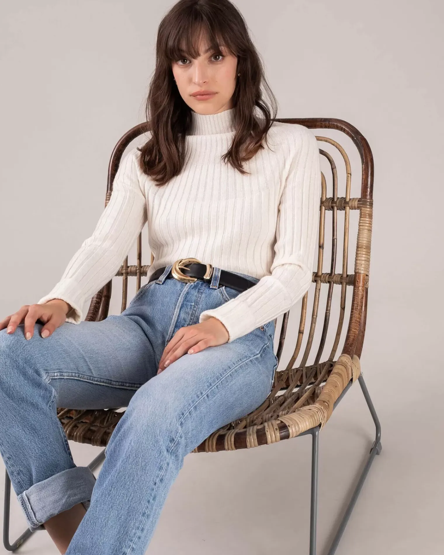 Kujten Sweaters & Sweatshirts>Ribbed Funnel Neck Cashmere Sweater Blanc
