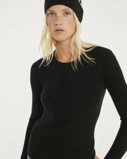 Kujten Sweaters & Sweatshirts>Ribbed Round Neck Cashmere Sweater, 2-Threads Noir