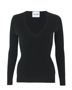 Kujten Sweaters & Sweatshirts>Ribbed V-Neck Cashmere Sweater, 2-Threads Noir