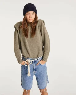 Kujten Sweaters & Sweatshirts>Round Neck Cashmere Shoulder Pad Sweater Kaki Clair