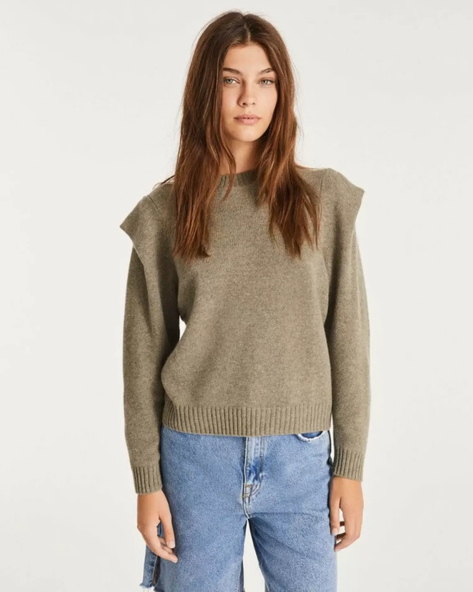 Kujten Sweaters & Sweatshirts>Round Neck Cashmere Shoulder Pad Sweater Kaki Clair