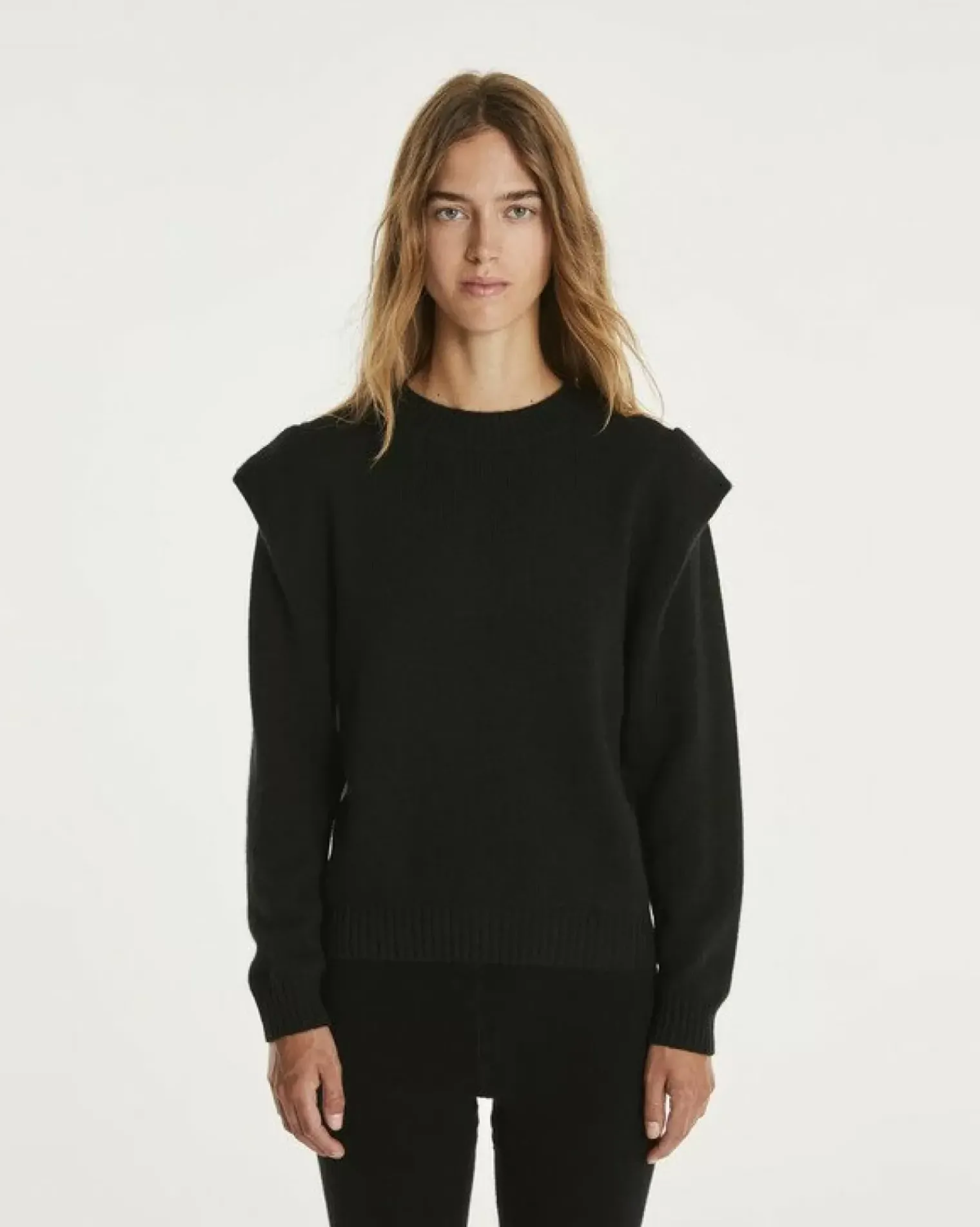 Kujten Sweaters & Sweatshirts>Round Neck Cashmere Shoulder Pad Sweater Noir