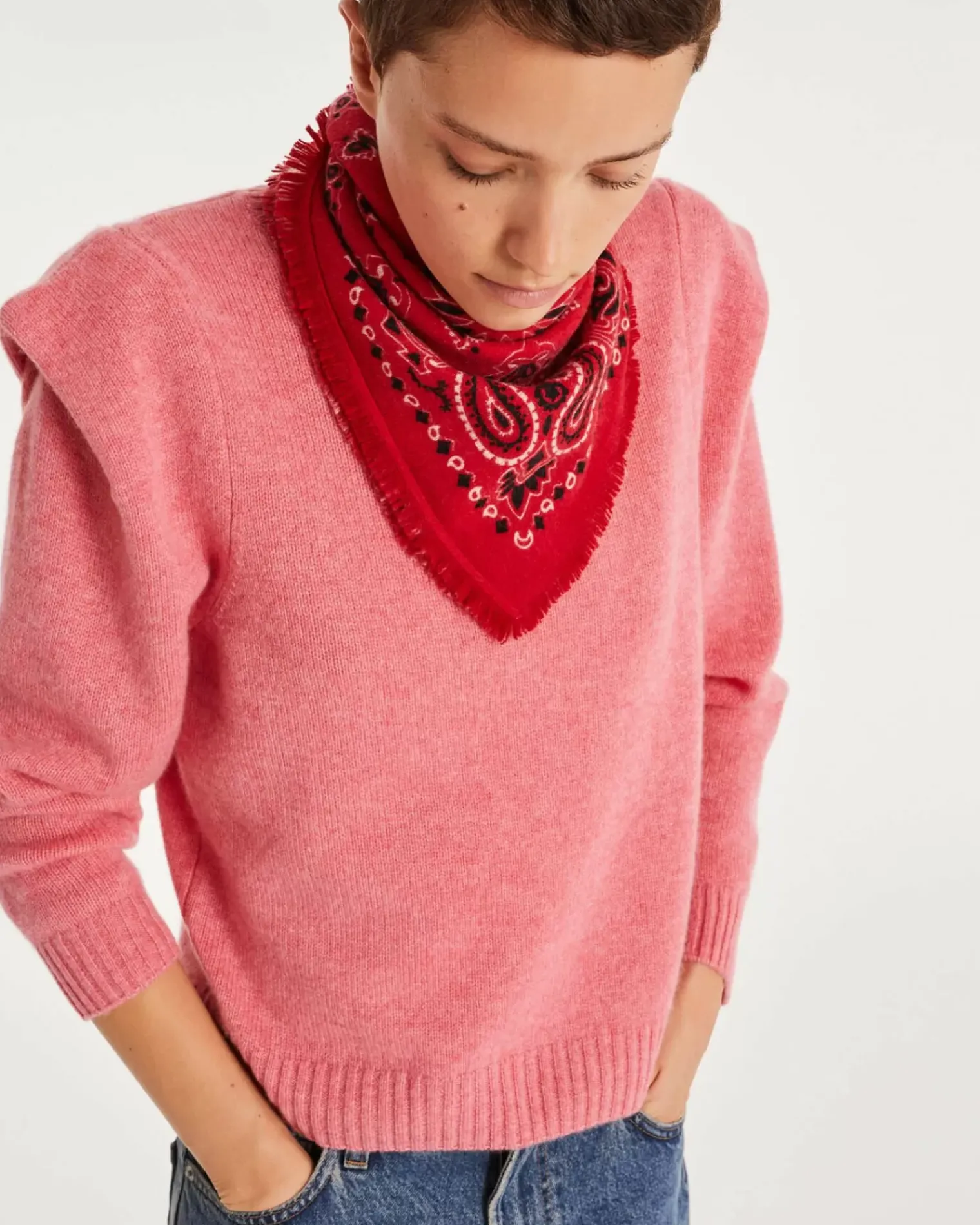Kujten Sweaters & Sweatshirts>Round Neck Cashmere Shoulder Pad Sweater Rose Chine