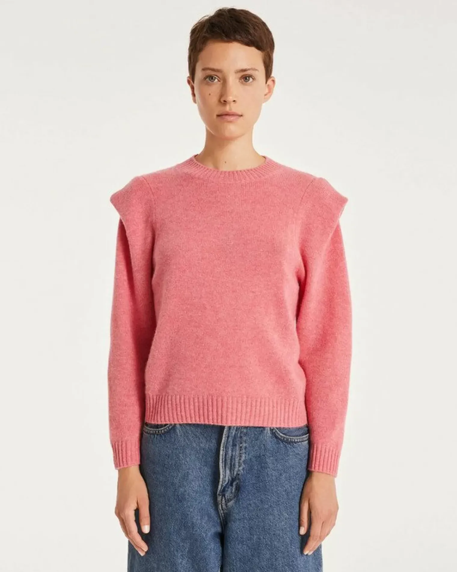 Kujten Sweaters & Sweatshirts>Round Neck Cashmere Shoulder Pad Sweater Rose Chine