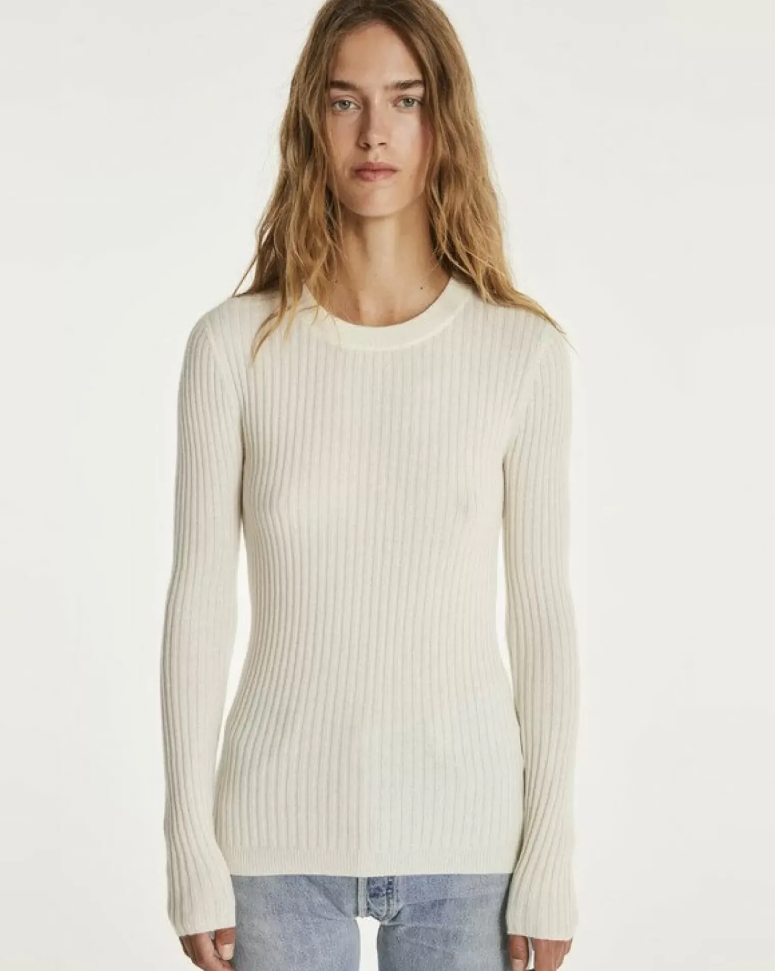 Kujten Sweaters & Sweatshirts>Round Neck Cashmere Sweater, 2-Threads Blanc