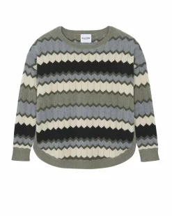 Kujten Sweaters & Sweatshirts>Round Neck Intarsia Cashmere Sweater Kaki Chine