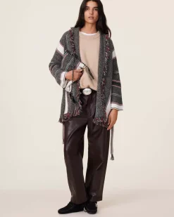 Kujten Jackets & Vests>Shawl Collar Fringed Cashmere Jacket, 6-Threads Kaki Chine