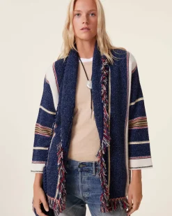 Kujten Jackets & Vests>Shawl Collar Fringed Cashmere Jacket, 6-Threads Bleu Indigo