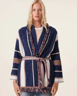 Kujten Jackets & Vests>Shawl Collar Fringed Cashmere Jacket, 6-Threads Bleu Indigo