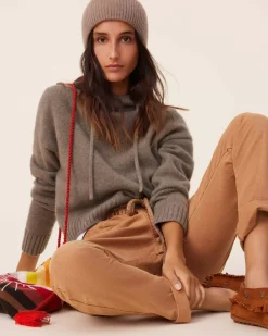 Kujten Hoodies>Short Hooded Cashmere Sweater, 6-Threads Kaki Chine