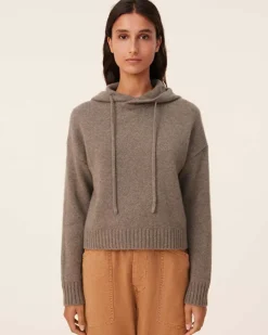 Kujten Hoodies>Short Hooded Cashmere Sweater, 6-Threads Kaki Chine