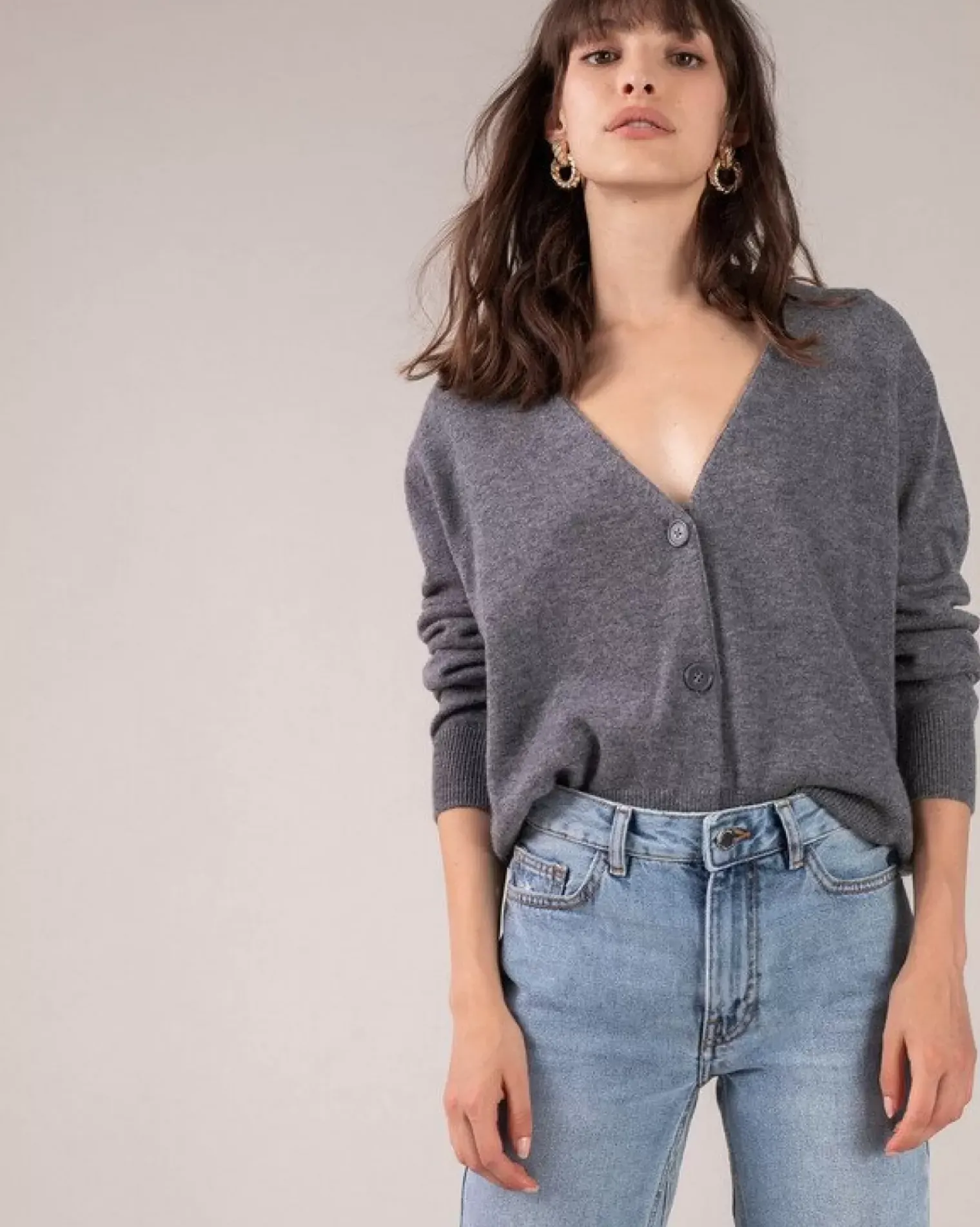 Kujten Jackets & Vests>Short Long Sleeves Cashmere Cardigan Gris Flanelle