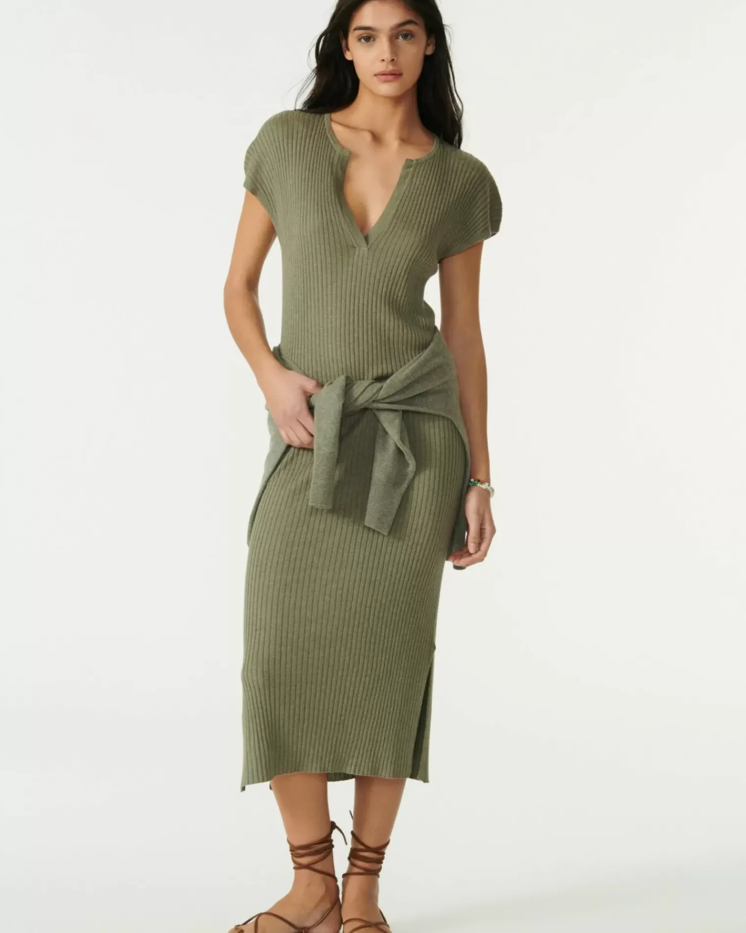 Kujten Dresses & Skirts>Silk-Cashmere Djellaba Dress Kaki Chine