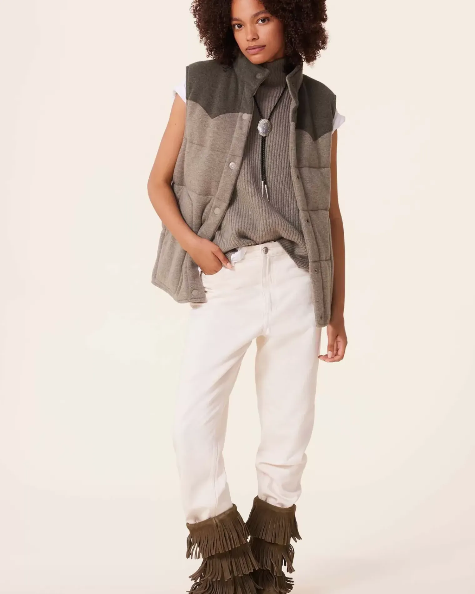 Kujten Coats>Sleeveless Cashmere Puffer Jacket, 2-Threads Kaki Chine