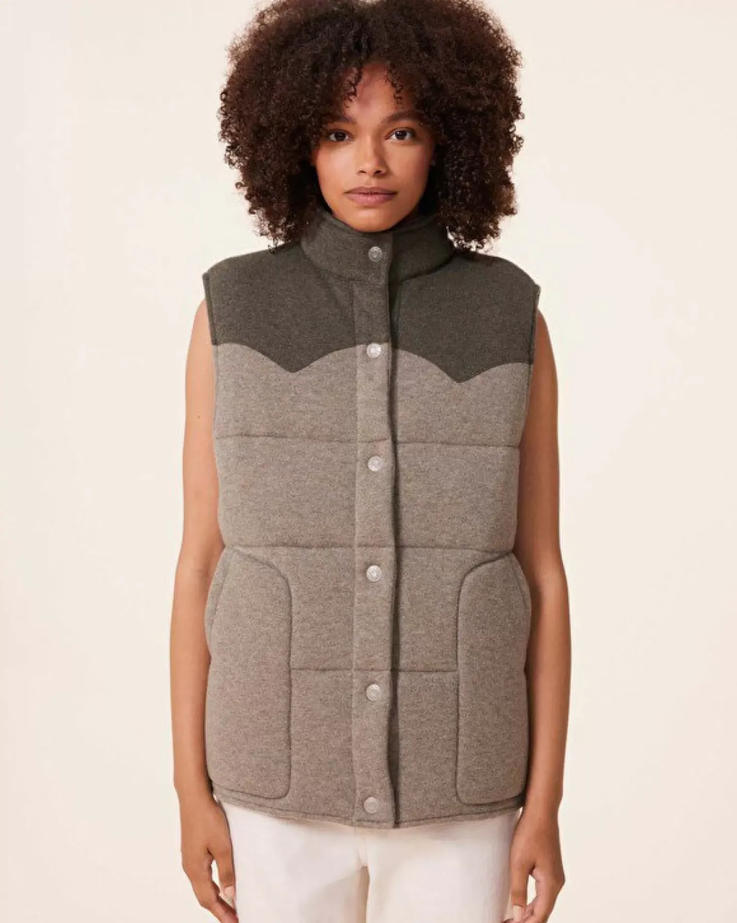 Kujten Coats>Sleeveless Cashmere Puffer Jacket, 2-Threads Kaki Chine