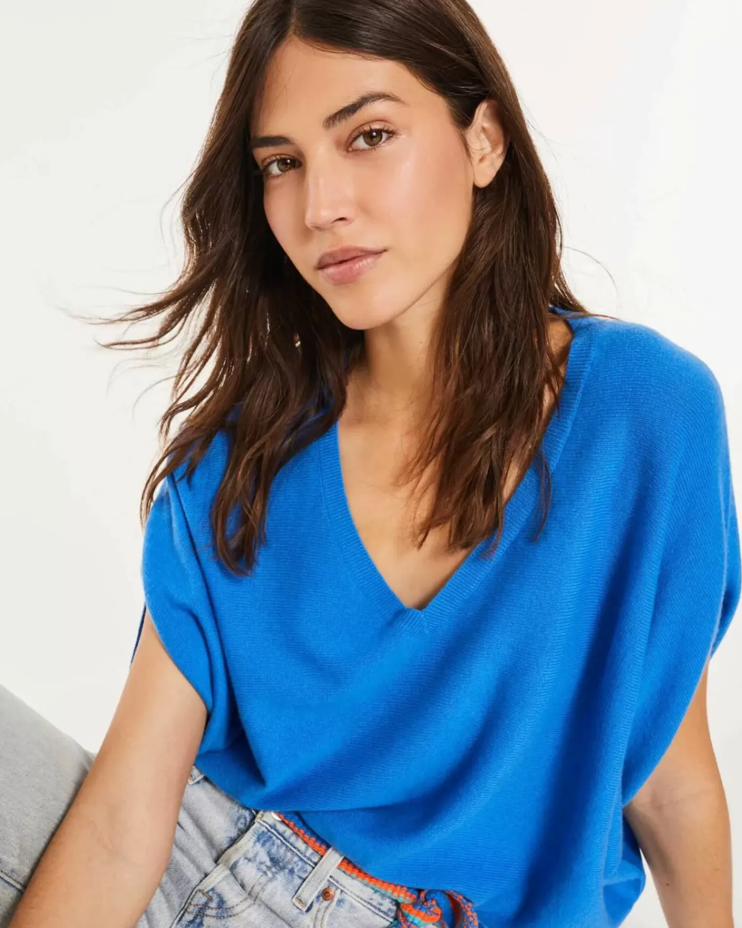 Kujten Sweaters & Sweatshirts>Sleeveless Oversized Woman V-Neck Cashmere Sweater Bleu Kabalos