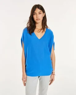 Kujten Sweaters & Sweatshirts>Sleeveless Oversized Woman V-Neck Cashmere Sweater Bleu Kabalos