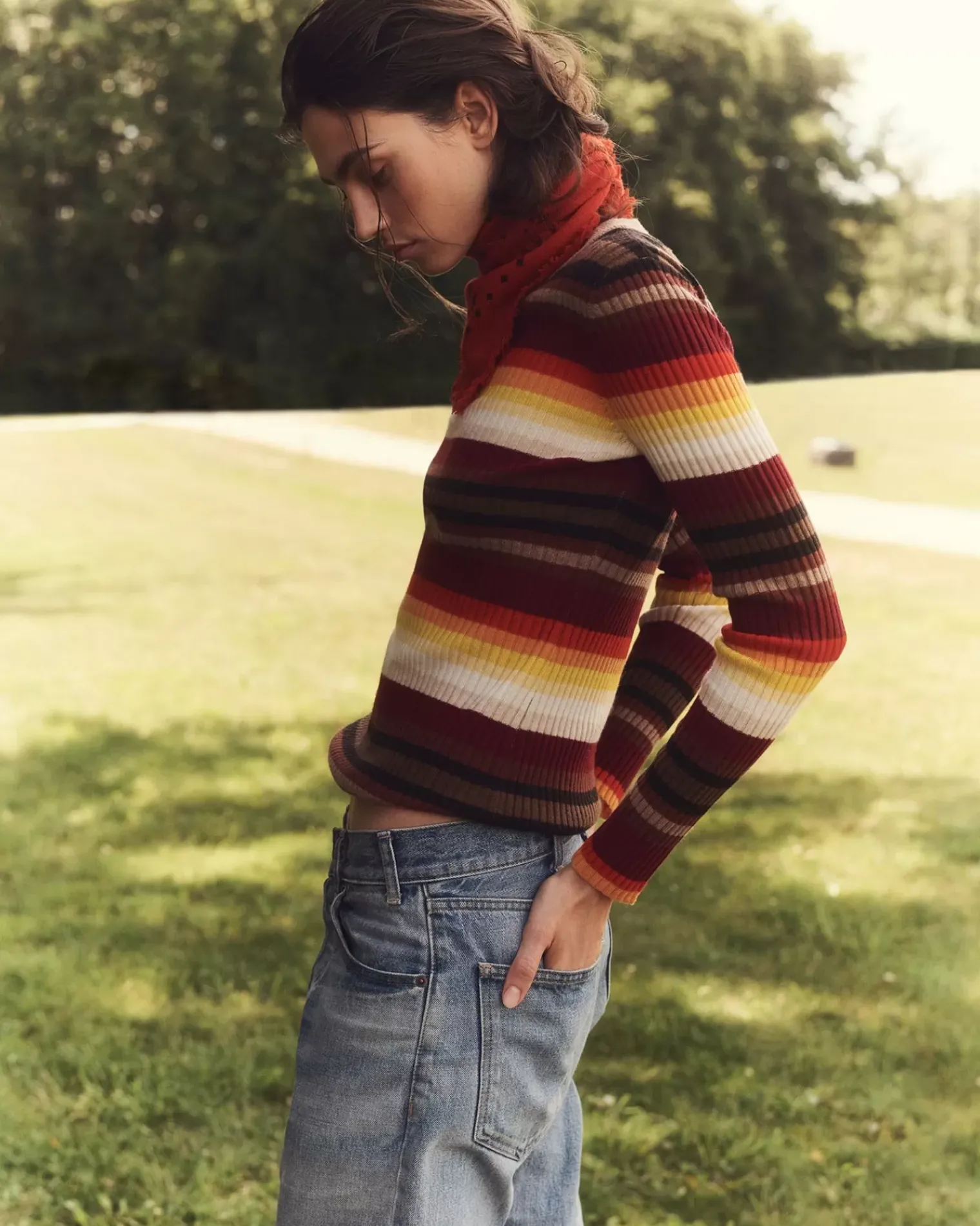 Kujten Sweaters & Sweatshirts>Striped Round Neck Cashmere Sweater, 2-Threads Camelo