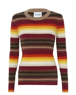Kujten Sweaters & Sweatshirts>Striped Round Neck Cashmere Sweater, 2-Threads Camelo