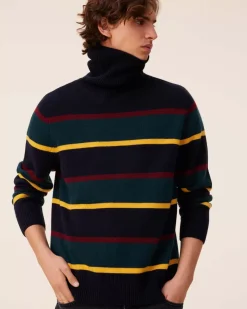 Kujten Sweaters & Sweatshirts>Striped Turtleneck Cashmere Sweater, 6-Threads Bleu Marine Fonce