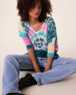 Kujten Sweaters & Sweatshirts>Tie Dye Oversize V-Neck Cashmere Sweater, 2-Threads Rose Vert