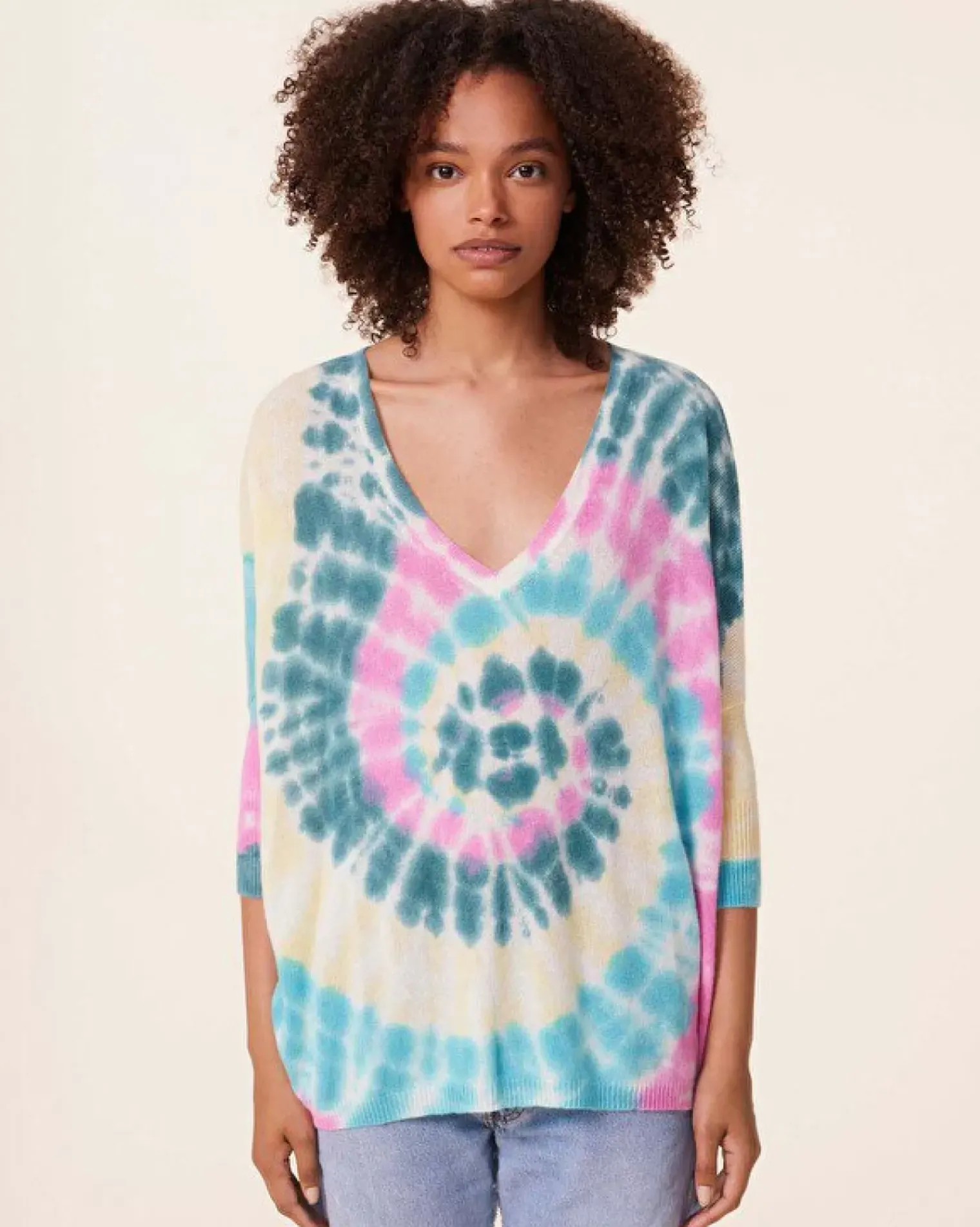 Kujten Sweaters & Sweatshirts>Tie Dye Oversize V-Neck Cashmere Sweater, 2-Threads Rose Vert