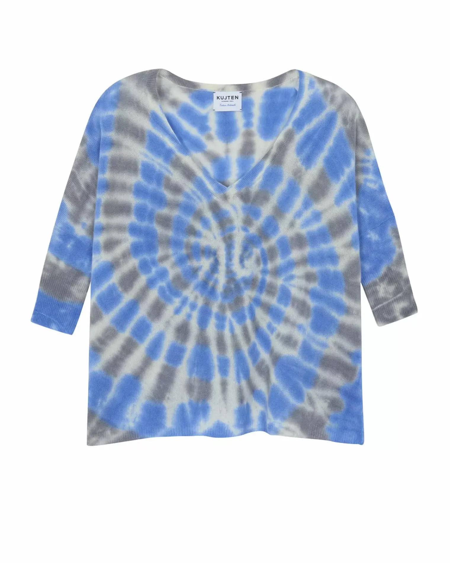 Kujten Sweaters & Sweatshirts>Tie Dye Oversize V-Neck Cashmere Sweater, 2-Threads Bleu Gris