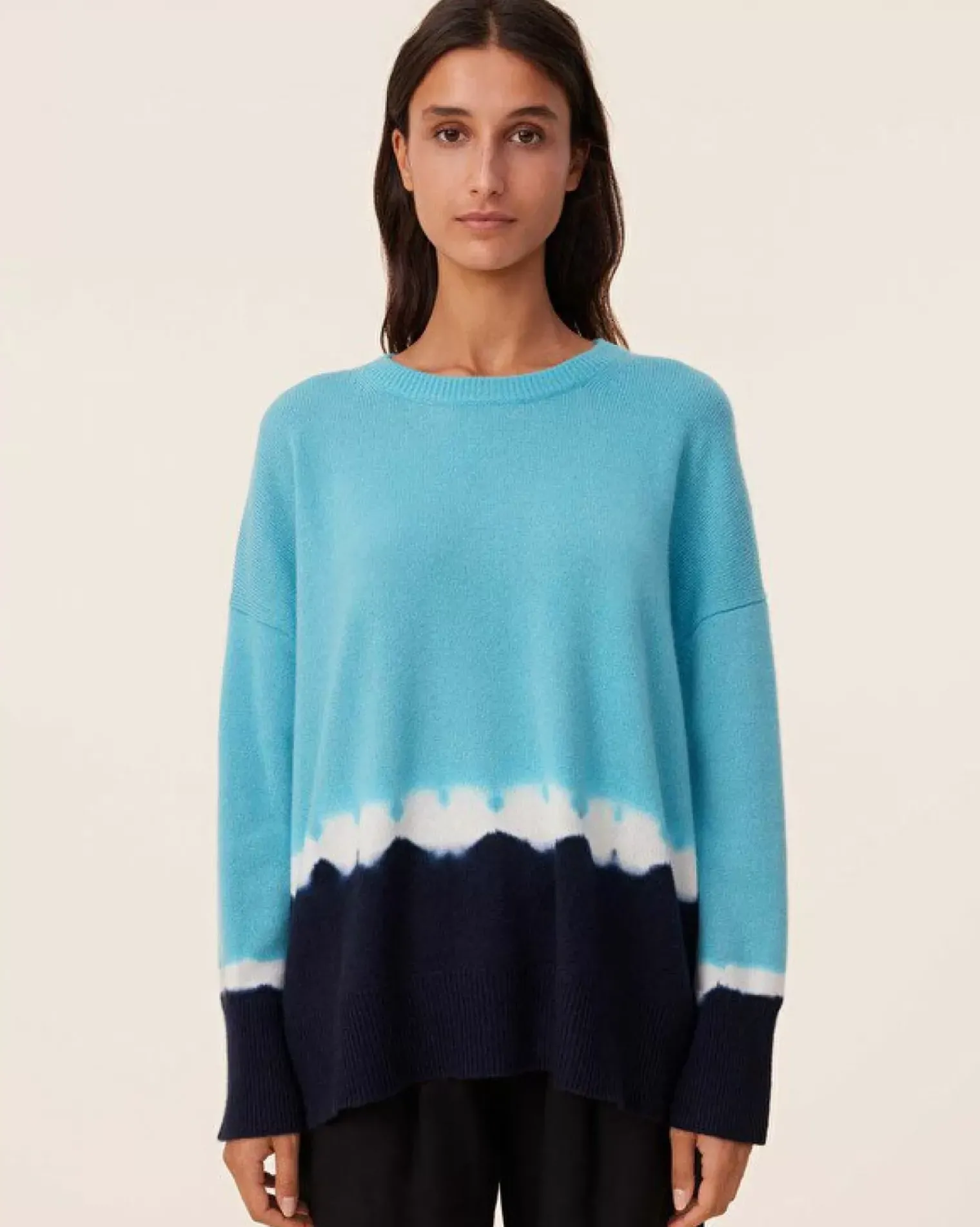 Kujten Sweaters & Sweatshirts>Tie Dye Oversized Cashmere Sweater, 4-Threads Turquoise Pacific