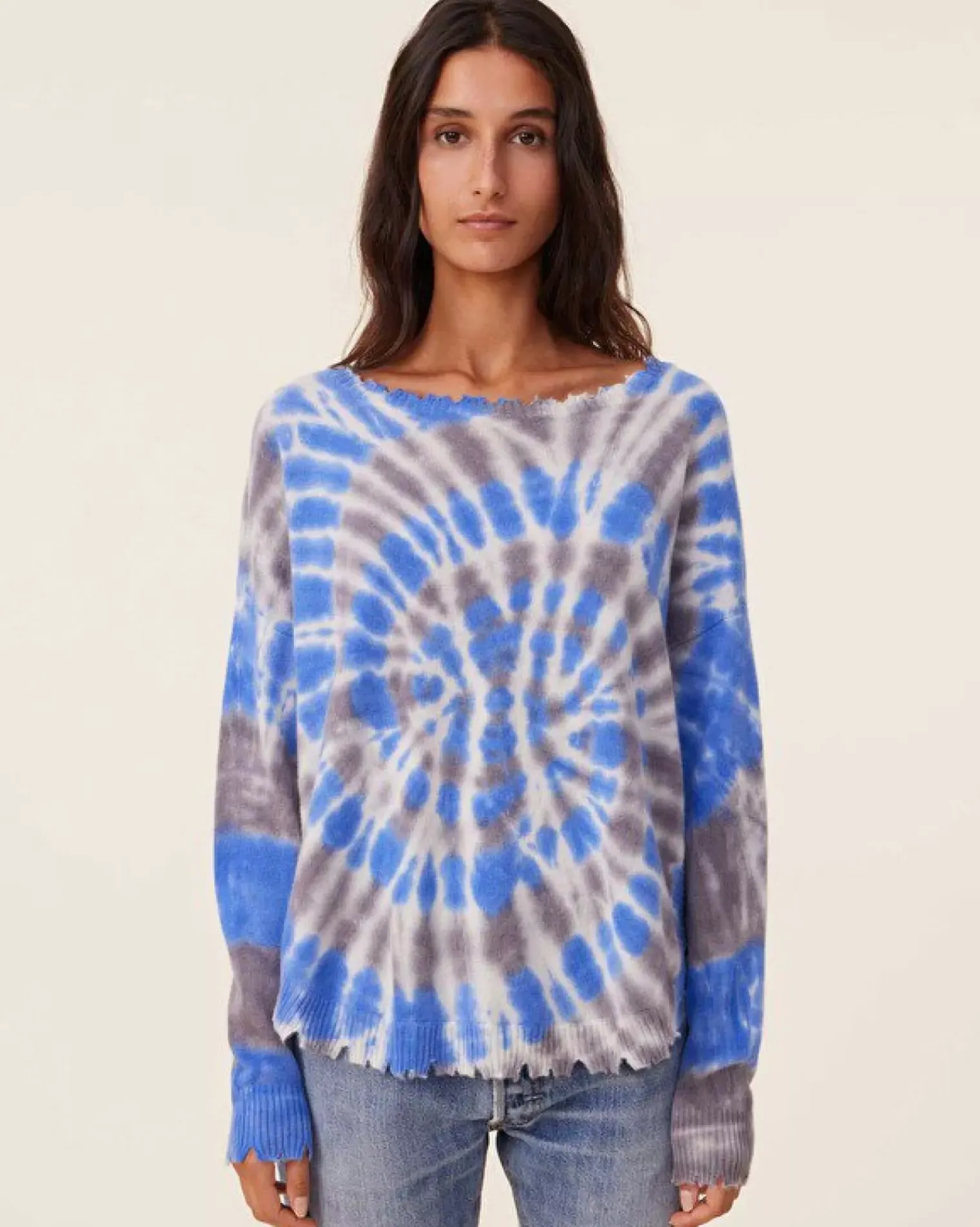 Kujten Sweaters & Sweatshirts>Tie Dye Round Neck Cashmere Sweater, 2-Threads Bleu Gris