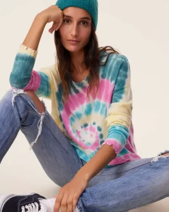 Kujten Sweaters & Sweatshirts>Tie Dye Round Neck Cashmere Sweater, 2-Threads Rose Vert