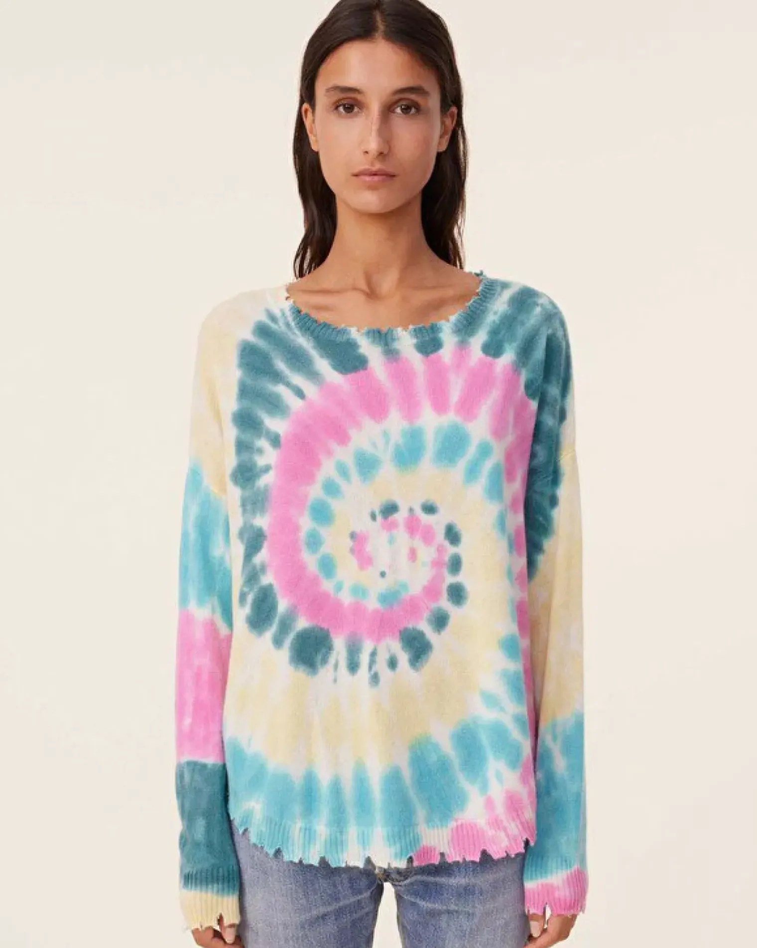Kujten Sweaters & Sweatshirts>Tie Dye Round Neck Cashmere Sweater, 2-Threads Rose Vert