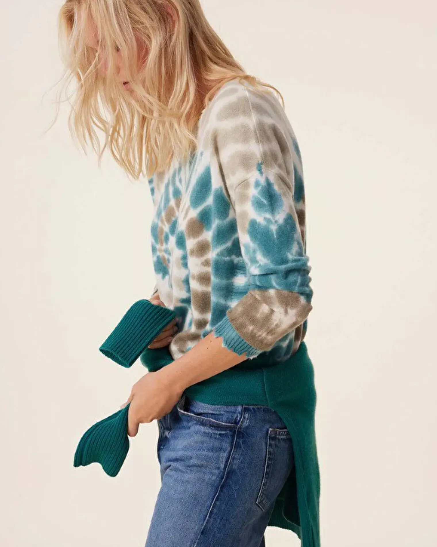 Kujten Sweaters & Sweatshirts>Tie Dye Round Neck Cashmere Sweater, 2-Threads Kaki Vert