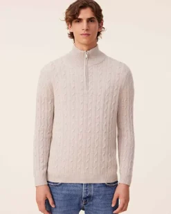 Kujten Sweaters & Sweatshirts>Twisted Cashmere Half Zip Sweater, 4-Threads Avoine