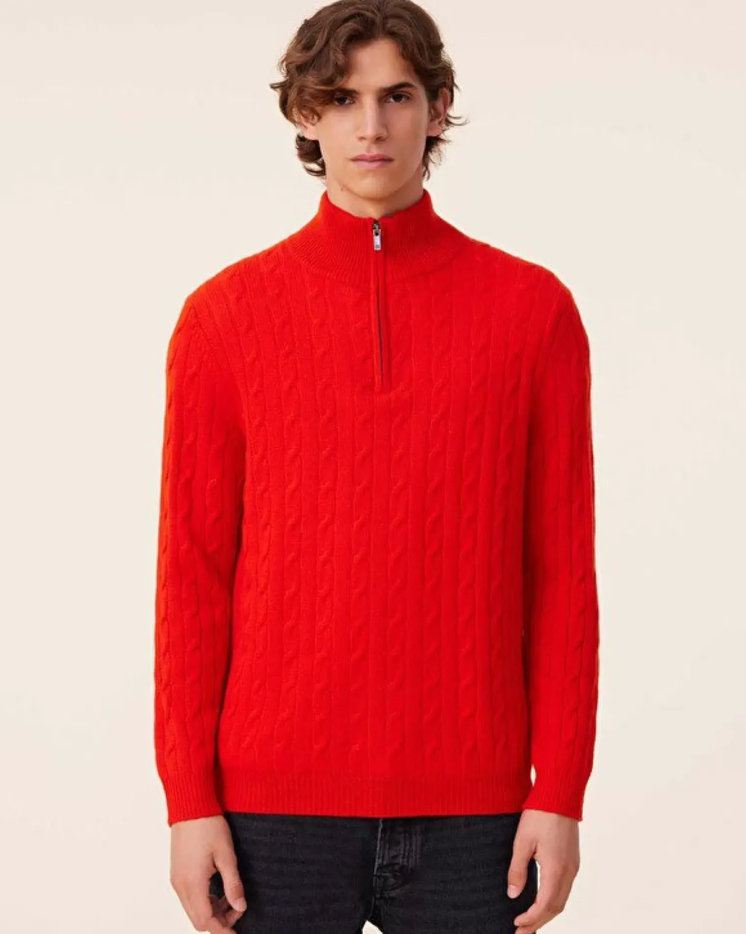 Kujten Sweaters & Sweatshirts>Twisted Cashmere Half Zip Sweater, 4-Threads Orange Rosso