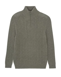 Kujten Sweaters & Sweatshirts>Twisted Cashmere Half Zip Sweater, 4-Threads Kaki Chine