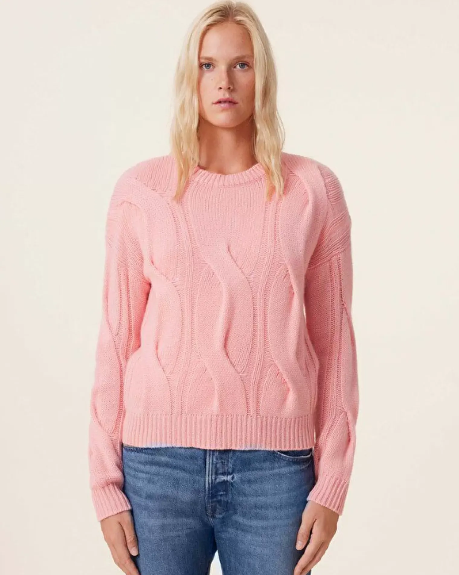 Kujten Sweaters & Sweatshirts>Twisted Round Neck Cashmere Sweater, 8-Threads Rose Guimauve
