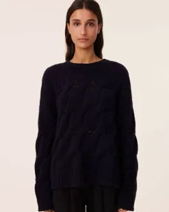 Kujten Sweaters & Sweatshirts>Twisted Round Neck Cashmere Sweater, 10-Threads Bleu Marine Fonce