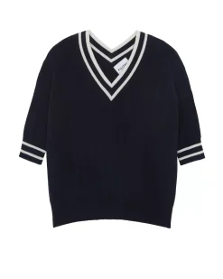 Kujten Sweaters & Sweatshirts>Twisted V-Neck Cashmere Sweater, 2-Threads Bleu Marine Fonce