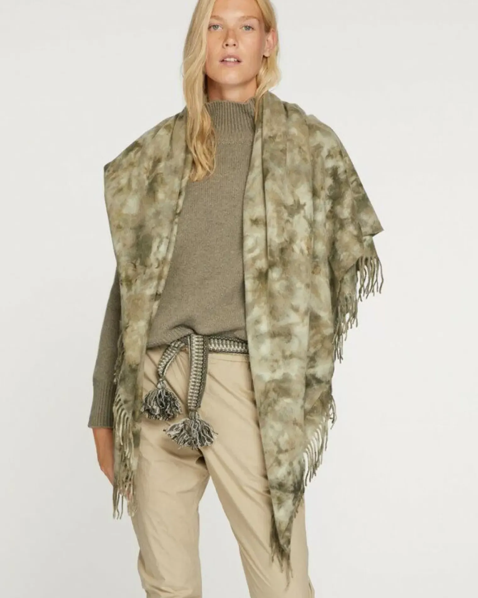 Kujten Scarves & Snoods>Very Large Fringed Bandana Kaki Fonce