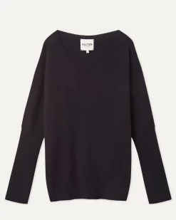 Kujten Sweaters & Sweatshirts>V-Neck Bat Sleeves Cashmere Sweater Bleu Marine Fonce