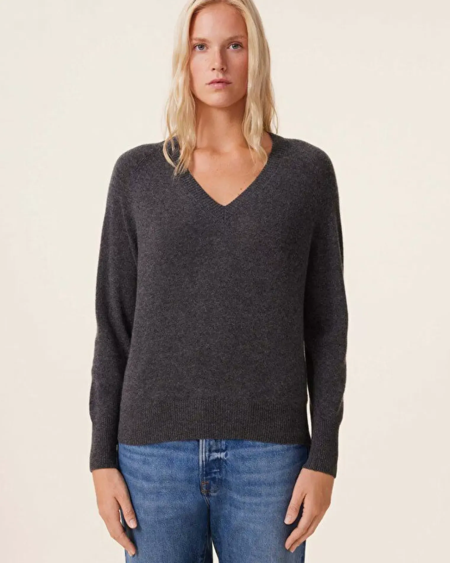 Kujten Sweaters & Sweatshirts>V-Neck Cashmere Sweater, 2-Threads Gris Flanelle