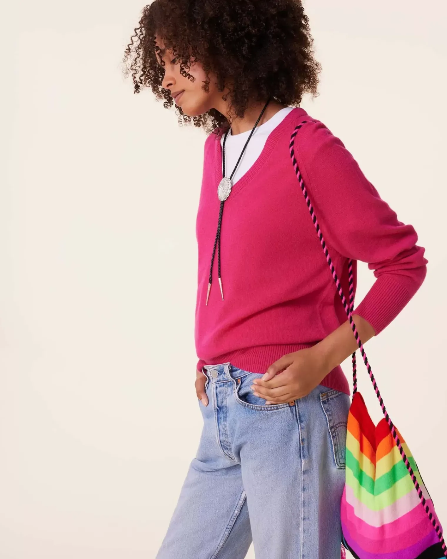 Kujten Sweaters & Sweatshirts>V-Neck Cashmere Sweater, 2-Threads Rose Neon