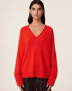 Kujten Sweaters & Sweatshirts>V-Neck Cashmere Sweater, 6-Threads Orange Rosso