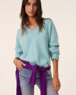 Kujten Sweaters & Sweatshirts>V-Neck Cashmere Sweater, 6-Threads Turquoise Pacific