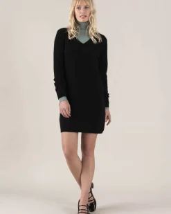 Kujten Dresses & Skirts>V-Neck Long Sleeves Cashmere Dress Noir
