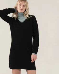 Kujten Dresses & Skirts>V-Neck Long Sleeves Cashmere Dress Noir